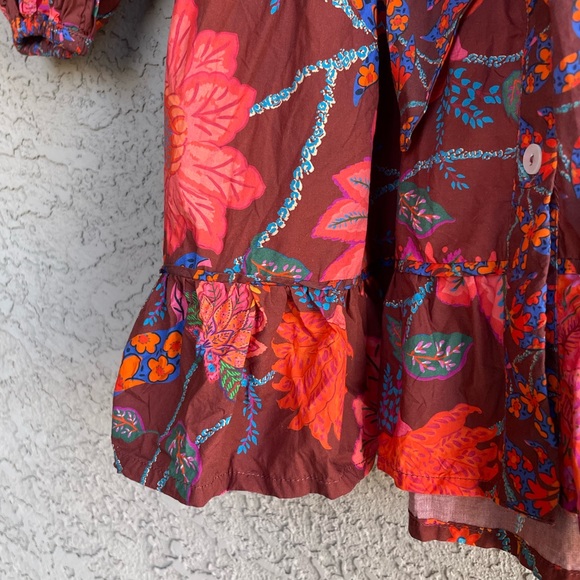 FARM RIO PETITE ANTHRO Floral Bird Printed Belted Puff Sleeve Tiered Mini Dress - Picture 16 of 17